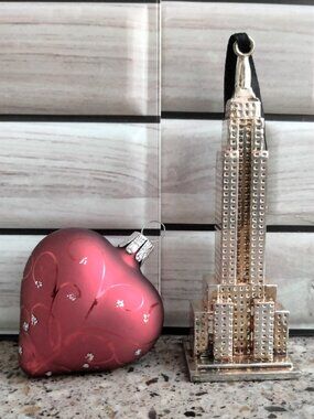 DUO: Blown Glass Heart & Metal Empire State Building Ornaments